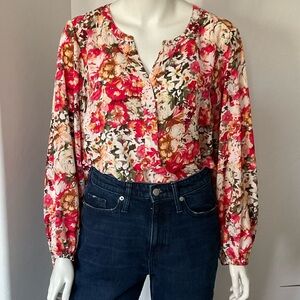 Tahari  Floral Red and Pink Blouse Elegant Top